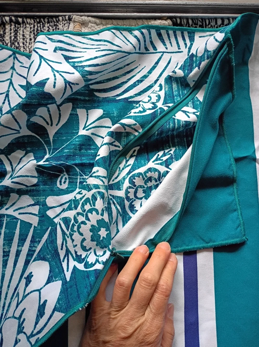 Striped And Floral Beach Towel  Teal Tropical Drawstring Pouch And Zipper Pocket